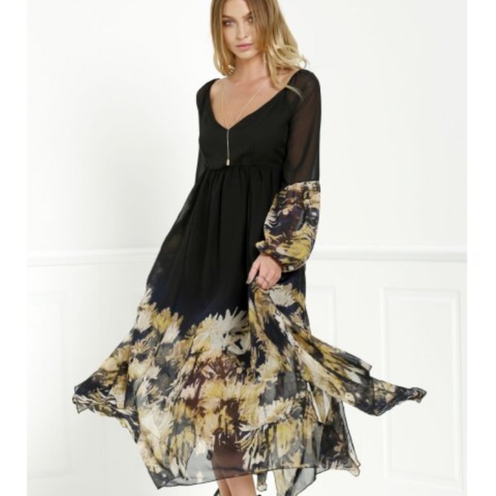 Long Sleeve Printed Maxi Chiffon Dress